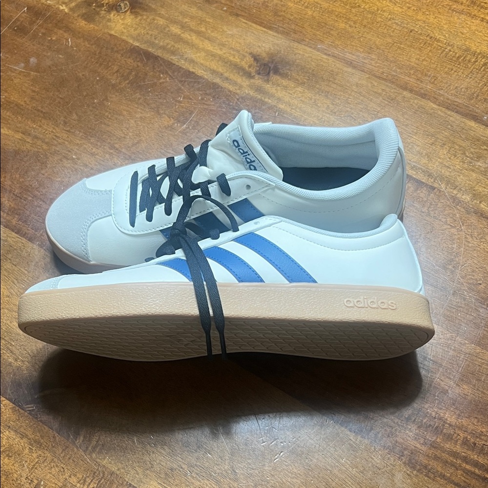 Adidas White Sneakers with Blue Stripes and Tan Soles